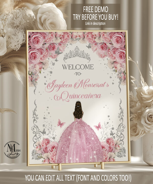Pink Roses Quinceañera Welcome Sign