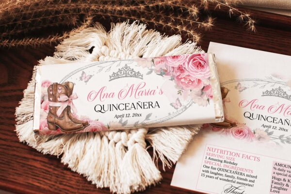 Country Western Pink and Silver Quinceañera Chocolate Wrapper | Cowgirl Candy Wrapper with Boots, Roses & Pink Bow - Image 2