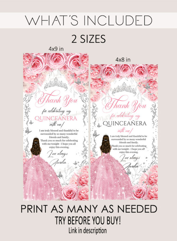 Pink Silver Quinceañera Thank You Card
