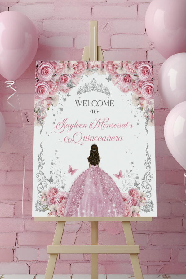 Pink Roses Quinceañera Welcome Sign