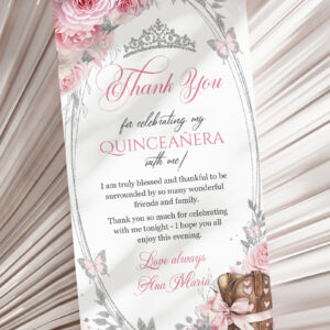 Country Western Pink and Silver Quinceañera Thank You Card | Cowgirl Boots, Roses & Pink Bow | Sweet 16 Mis Quince 15th Note Printable