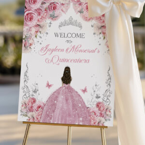 Pink Roses Quinceañera Welcome Sign