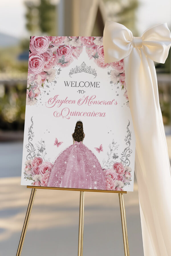 Pink Roses Quinceañera Welcome Sign