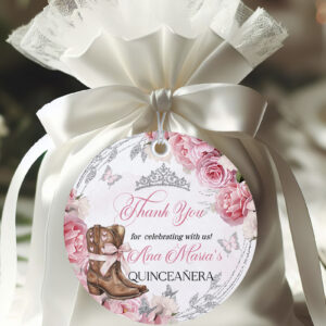 Country Western Pink & Silver Quinceañera Labels | Cowgirl Boots, Roses and Pink Bow | Sweet 16 Mis Quince Favor Stickers Printable