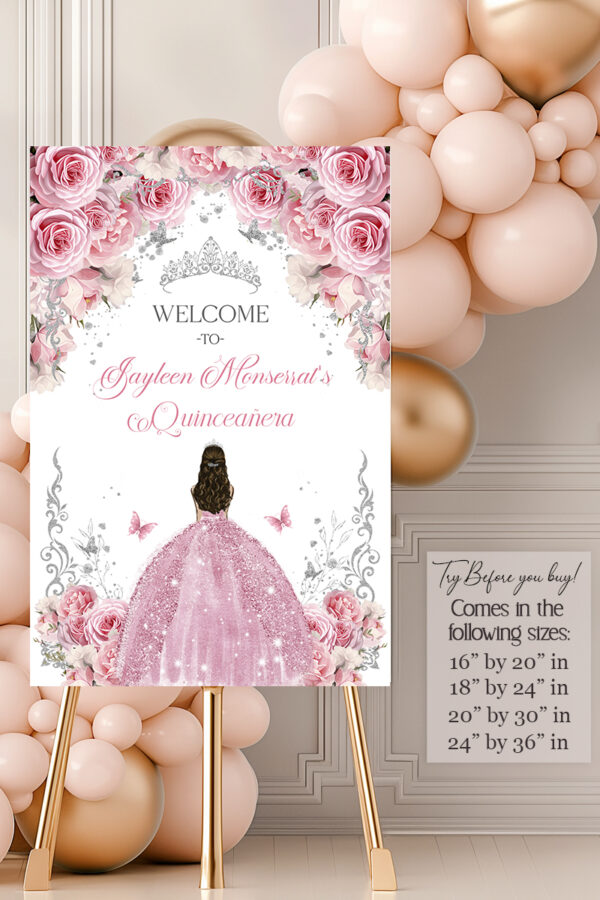 Pink Roses Quinceañera Welcome Sign
