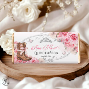 Country Western Pink and Silver Quinceañera Chocolate Wrapper | Cowgirl Candy Wrapper with Boots, Roses & Pink Bow
