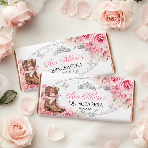Country Western Pink and Silver Quinceañera Chocolate Wrapper | Cowgirl Candy Wrapper with Boots, Roses & Pink Bow - Image 3