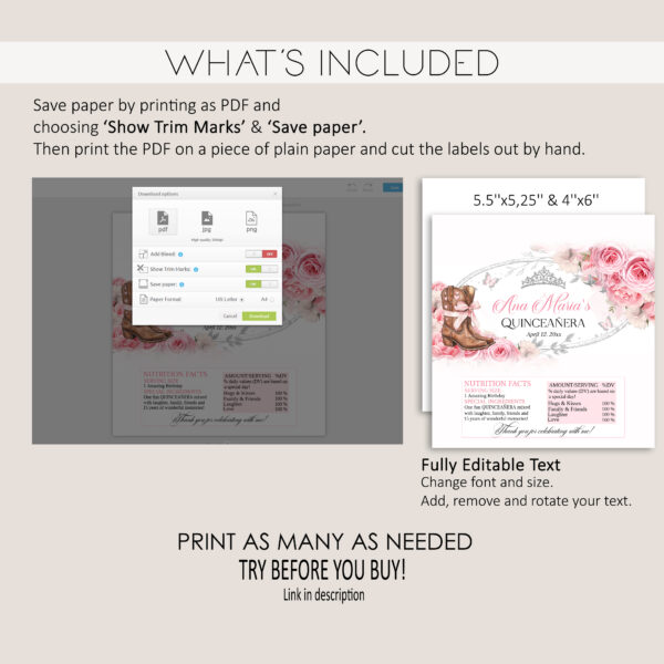 Country Western Pink and Silver Quinceañera Chocolate Wrapper | Cowgirl Candy Wrapper with Boots, Roses & Pink Bow - Image 4