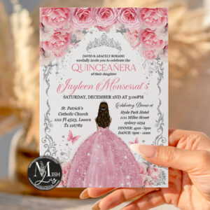 Pink Silver Quinceañera Invitation