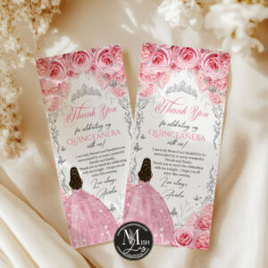 Pink Silver Quinceañera Thank You Card