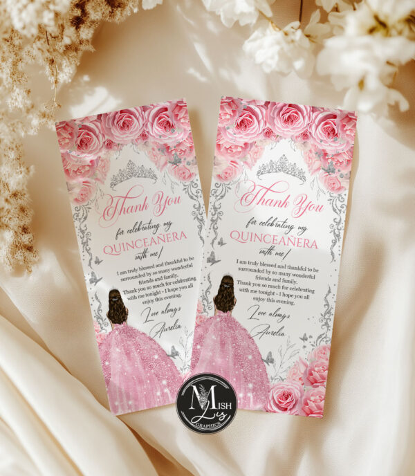 Pink Silver Quinceañera Thank You Card