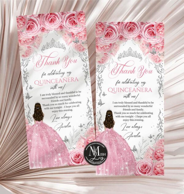 Pink Silver Quinceañera Thank You Card