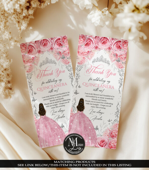 Pink Silver Quinceañera Thank You Card
