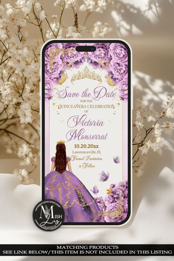 Purple Gold Quinceañera Invitation | Royal Lavender Floral and Gold Crown Design, Floral Mis Quince Anos Sweet 16 Birthday Girl Tiara - Image 8