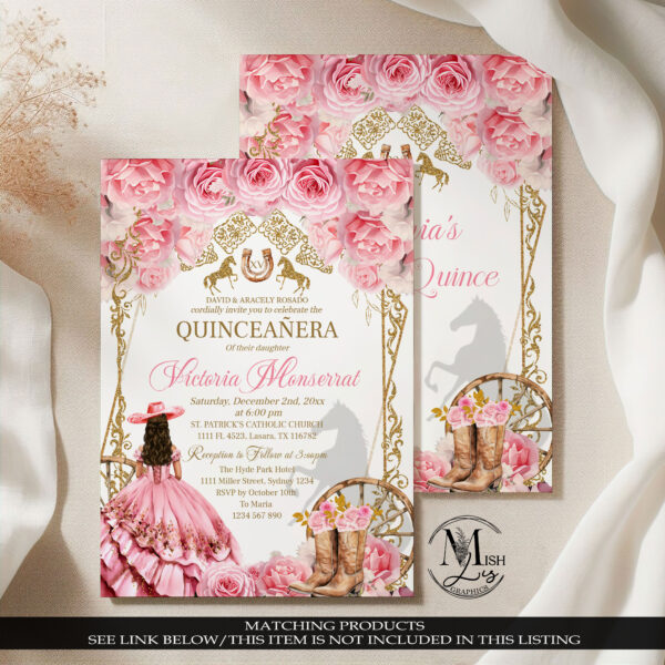 Elegant Country Western Pink and Gold Quinceañera Electronic Invitation – Editable Template with Pink Roses & Cowboy Boots - Image 6