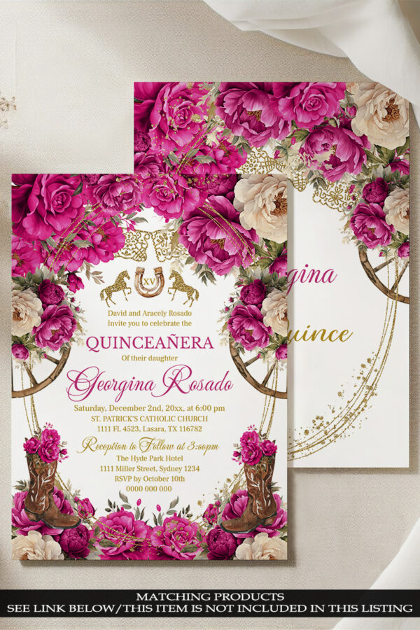 Editable Square Country Western Quinceanera Party Invitation Template adorned with Beautiful Fuchsia Pink Roses and Cowboy Boots - Image 4