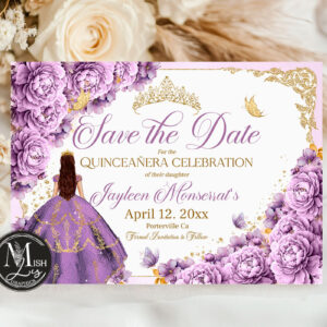 Elegant Purple & Gold Roses Quinceañera Save the Date | Lavender Roses and Gold Crown | Editable Sweet 16 Announcement