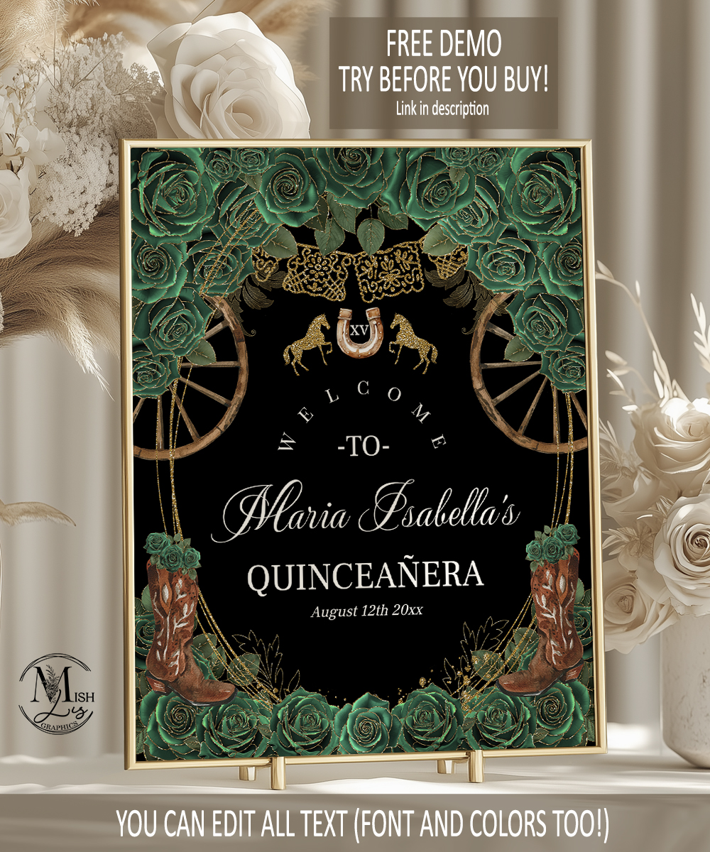 Country Western Emerald Green Charra Welcome Sign | Cowgirl Boots Entrance Poster | Quinceañera or Sweet 16 Digital Party Signage - Image 4