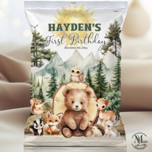 Editable Woodland Animals First Birthday Chip Bag | Wild One Party Favor Printable, Woodland Adventure Awaits, Forest Animals Theme