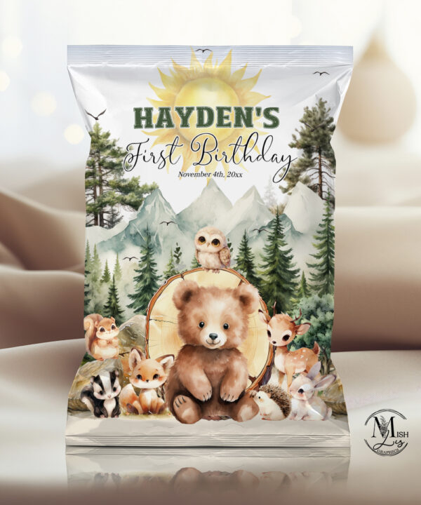 Editable Woodland Animals First Birthday Chip Bag | Wild One Party Favor Printable, Woodland Adventure Awaits, Forest Animals Theme