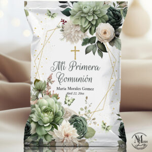 Green & Gold Chip Bag Template, Floral Primera Comunion Party Decorations, Neutral Christening Favors, Edit Yourself