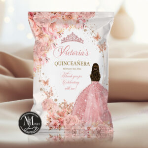 Regal Roses Quinceañera Chip Bag | Elegant Pink Floral & Rose Gold Crown Party Favor