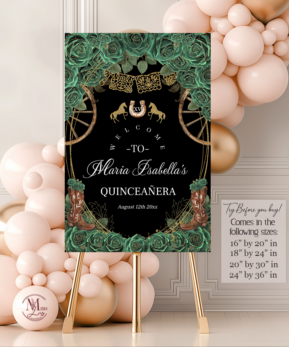 Country Western Emerald Green Charra Welcome Sign | Cowgirl Boots Entrance Poster | Quinceañera or Sweet 16 Digital Party Signage - Image 3