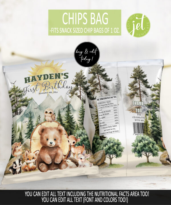 Editable Woodland Animals First Birthday Chip Bag | Wild One Party Favor Printable, Woodland Adventure Awaits, Forest Animals Theme - Image 2