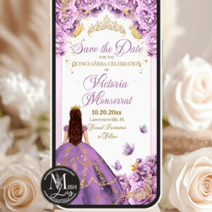 Purple and Gold Quinceañera Electronic Invitation | Lavender Roses & Gold Crown | Editable Purple Floral Dress Template