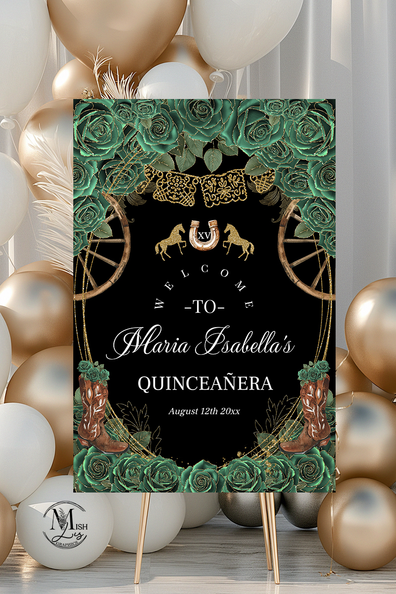 Country Western Emerald Green Charra Welcome Sign | Cowgirl Boots Entrance Poster | Quinceañera or Sweet 16 Digital Party Signage