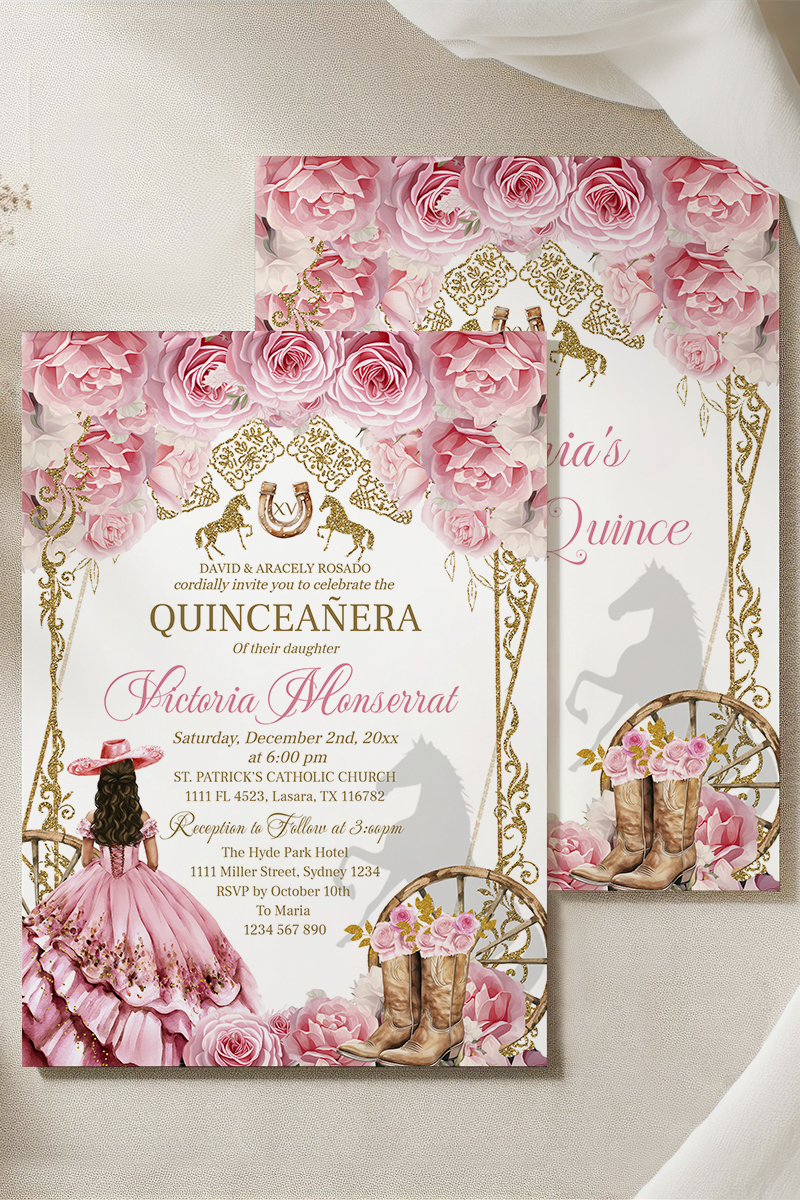 Country Western Pink and Gold Quinceañera Invitation – Editable 5x7 Invite with Roses & Cowboy Boots, Quinceañera or Sweet 16 Digital - Image 2