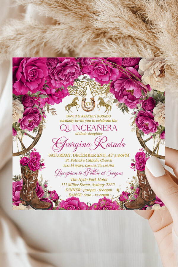Editable Square Country Western Quinceanera Party Invitation Template adorned with Beautiful Fuchsia Pink Roses and Cowboy Boots