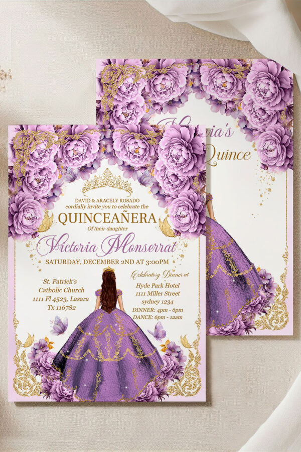 Purple Gold Quinceañera Invitation | Royal Lavender Floral and Gold Crown Design, Floral Mis Quince Anos Sweet 16 Birthday Girl Tiara - Image 2