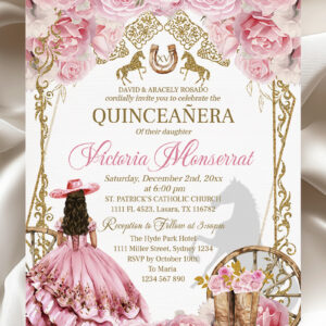 Country Western Pink and Gold Quinceañera Invitation – Editable 5x7 Invite with Roses & Cowboy Boots, Quinceañera or Sweet 16 Digital