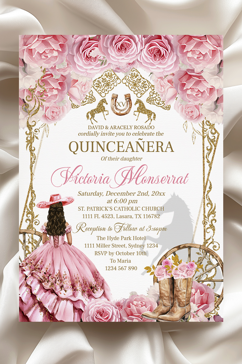 Country Western Pink and Gold Quinceañera Invitation – Editable 5x7 Invite with Roses & Cowboy Boots, Quinceañera or Sweet 16 Digital