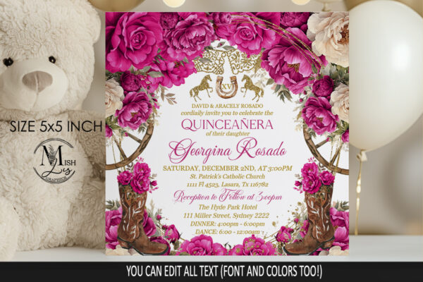 Editable Square Country Western Quinceanera Party Invitation Template adorned with Beautiful Fuchsia Pink Roses and Cowboy Boots - Image 3