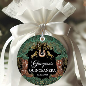 Country Western Emerald Green Quinceañera Labels | Cowgirl Boots & Green Roses | Sweet 15/16 Mis Quince Años Favor Stickers Printable
