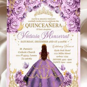 Purple Gold Quinceañera Invitation | Royal Lavender Floral and Gold Crown Design, Floral Mis Quince Anos Sweet 16 Birthday Girl Tiara