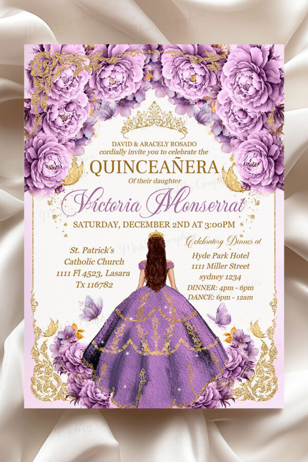Purple Gold Quinceañera Invitation | Royal Lavender Floral and Gold Crown Design, Floral Mis Quince Anos Sweet 16 Birthday Girl Tiara