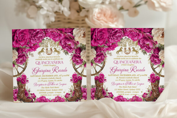 Editable Square Country Western Quinceanera Party Invitation Template adorned with Beautiful Fuchsia Pink Roses and Cowboy Boots - Image 2