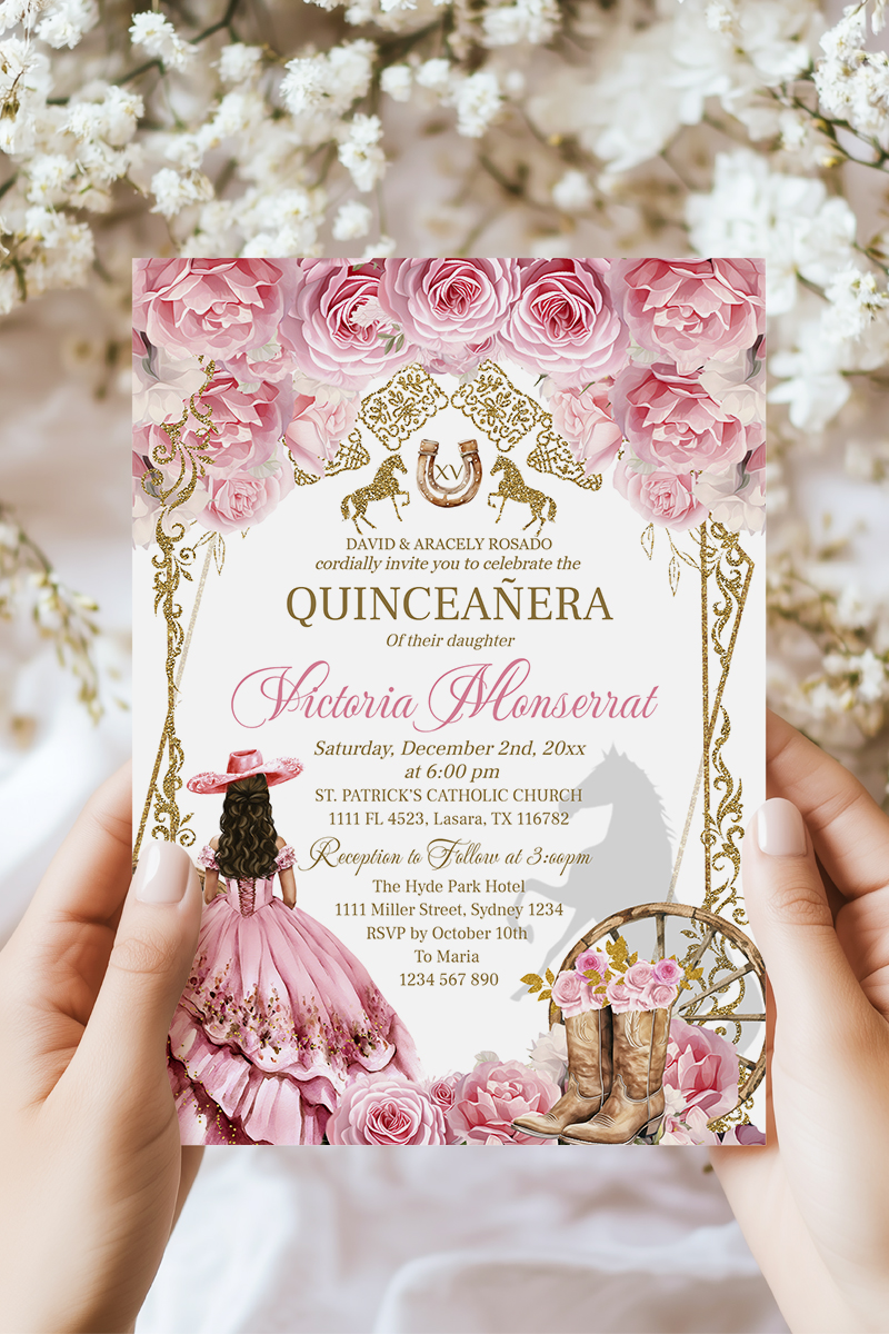 Country Western Pink and Gold Quinceañera Invitation – Editable 5x7 Invite with Roses & Cowboy Boots, Quinceañera or Sweet 16 Digital - Image 3