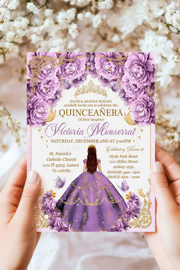 Purple Gold Quinceañera Invitation | Royal Lavender Floral and Gold Crown Design, Floral Mis Quince Anos Sweet 16 Birthday Girl Tiara - Image 3