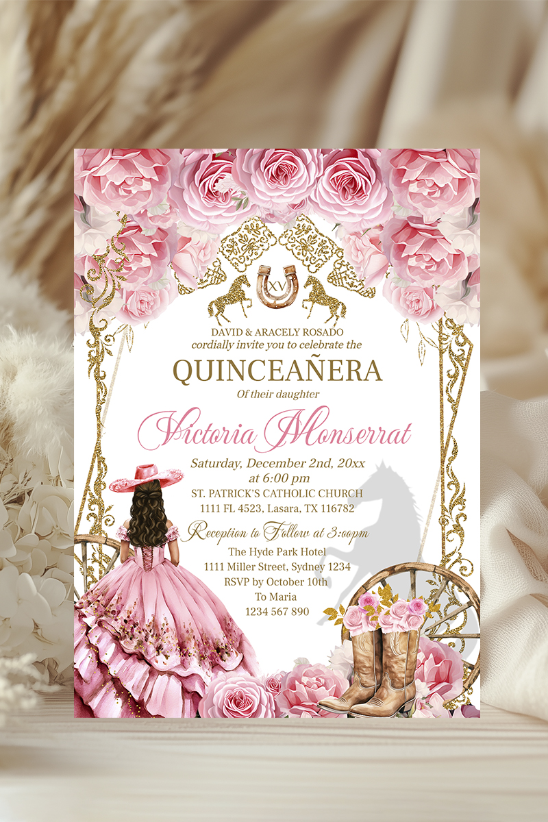 Country Western Pink and Gold Quinceañera Invitation – Editable 5x7 Invite with Roses & Cowboy Boots, Quinceañera or Sweet 16 Digital - Image 4
