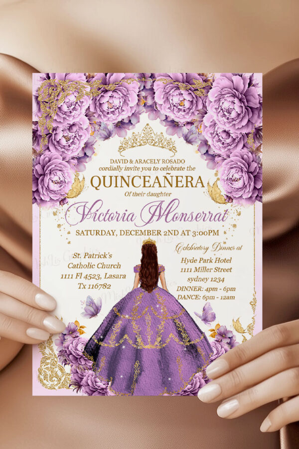Purple Gold Quinceañera Invitation | Royal Lavender Floral and Gold Crown Design, Floral Mis Quince Anos Sweet 16 Birthday Girl Tiara - Image 4
