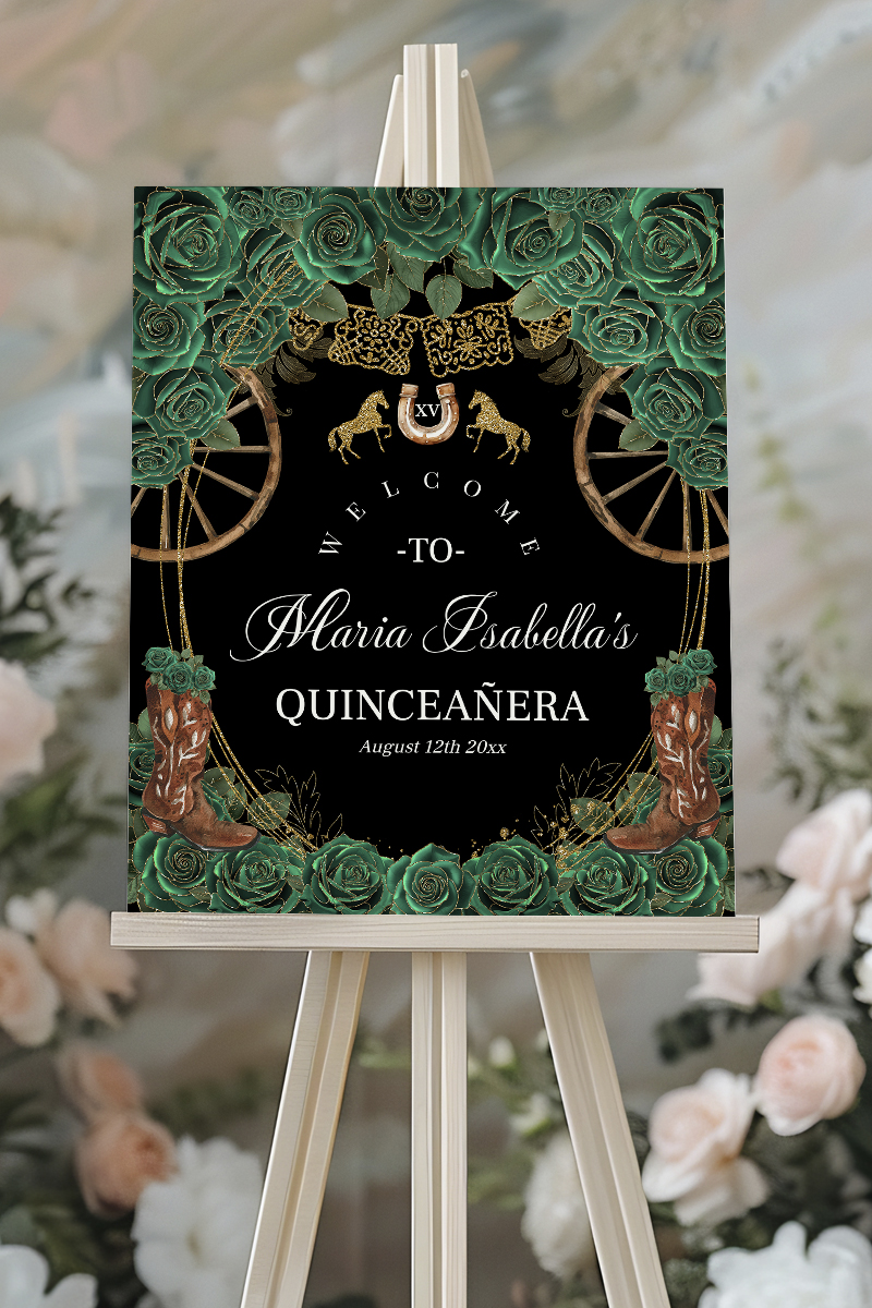 Country Western Emerald Green Charra Welcome Sign | Cowgirl Boots Entrance Poster | Quinceañera or Sweet 16 Digital Party Signage - Image 2