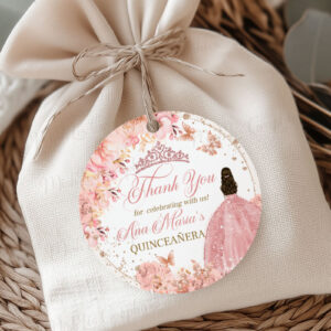 Editable Regal Roses Circle Round Quinceanera Labels, | Pink Floral & Rose Gold Crown Stickers | Sweet 16 Round Avery Tags