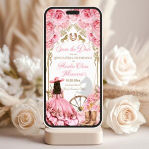 Elegant Country Western Pink and Gold Quinceañera Electronic Invitation – Editable Template with Pink Roses & Cowboy Boots