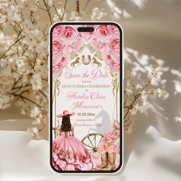 Elegant Country Western Pink and Gold Quinceañera Electronic Invitation – Editable Template with Pink Roses & Cowboy Boots - Image 2