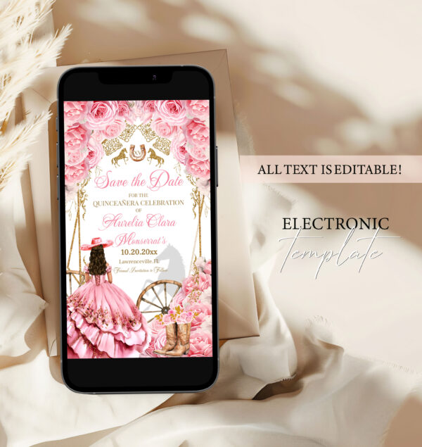 Elegant Country Western Pink and Gold Quinceañera Electronic Invitation – Editable Template with Pink Roses & Cowboy Boots - Image 4