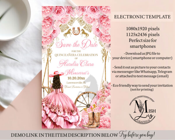 Elegant Country Western Pink and Gold Quinceañera Electronic Invitation – Editable Template with Pink Roses & Cowboy Boots - Image 3